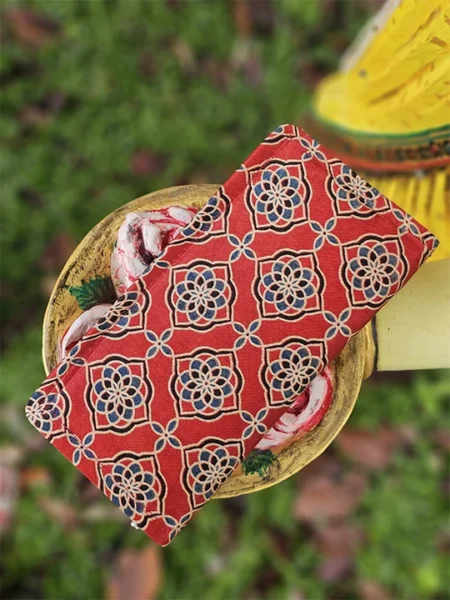 red and blue lotus printed wallet