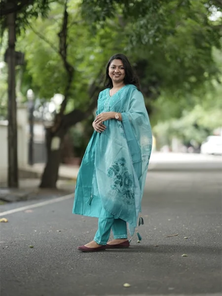 blue alia cut churidar set