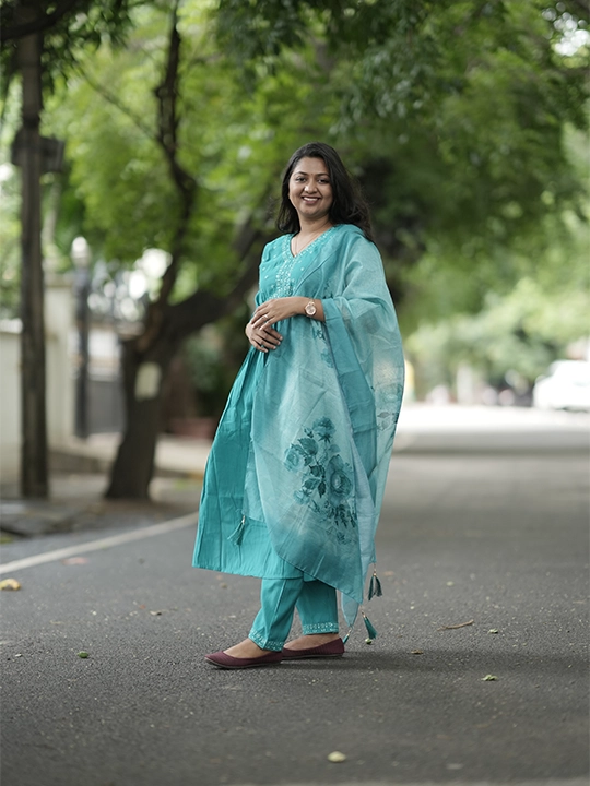 blue alia cut churidar set