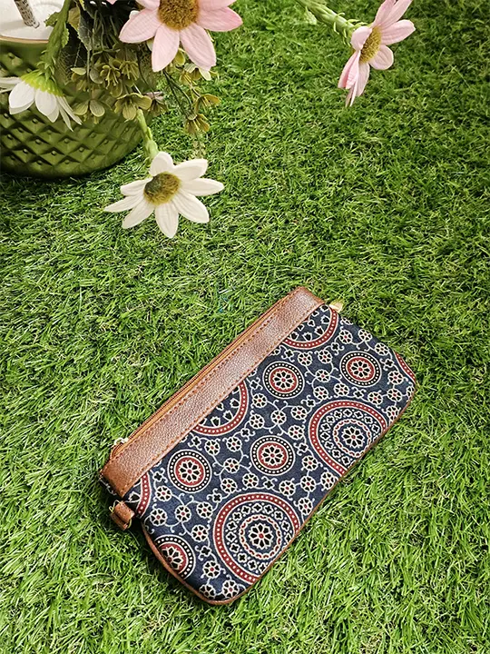 blue and red ajrakh print pouch