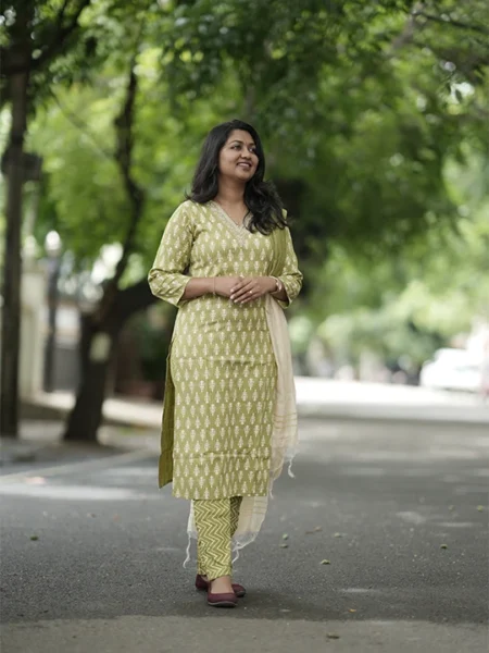 green printed churidar