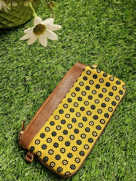 yellow ajrakh fabric pouch