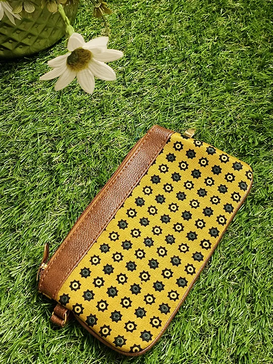 yellow ajrakh fabric pouch