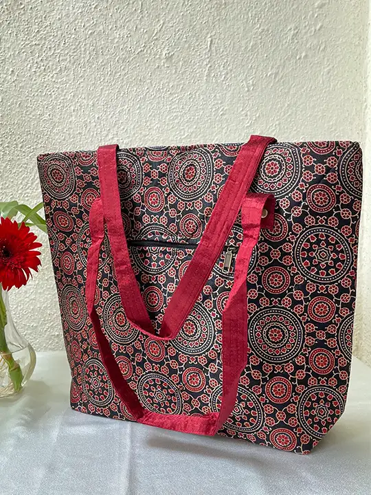 black blue circles handmade tote bag