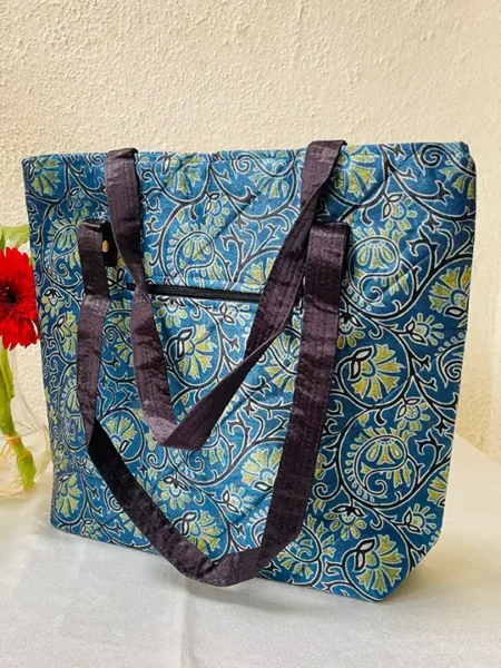 blue green floral tote bag
