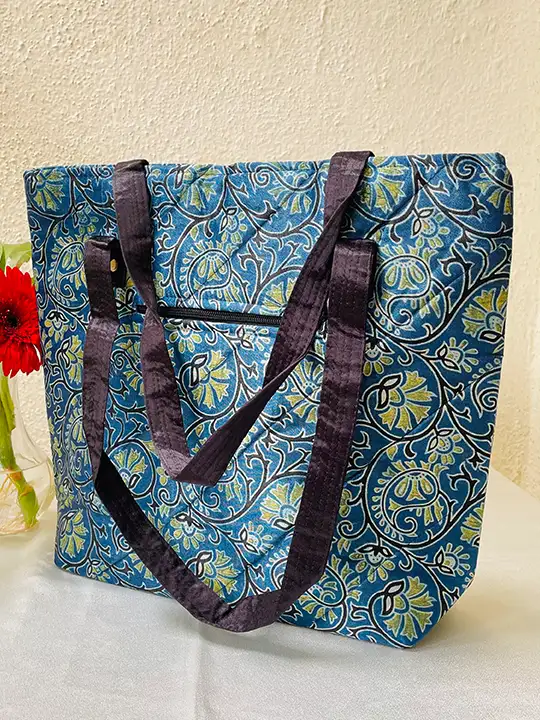 blue green floral tote bag