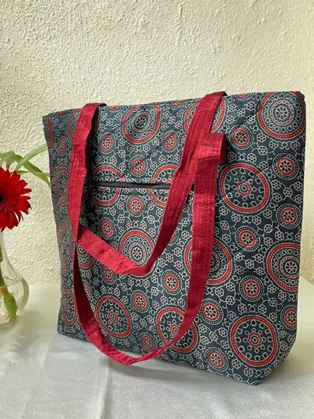 blue red circles handcrafted tote bag
